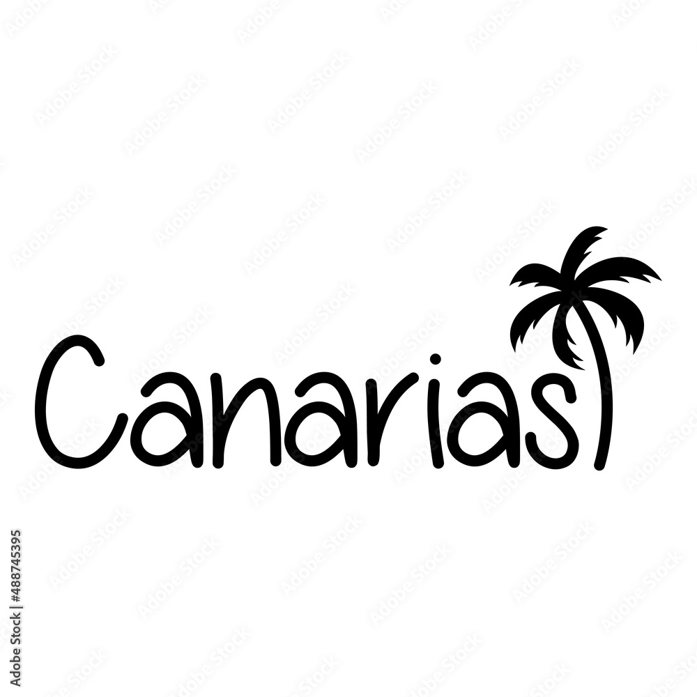 Canarias Beach. Destino de vacaciones. Banner con texto Canarias con silueta de palmera en color negro