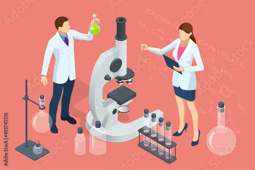 Isometric chemical laboratory concept. Laboratory assistants work in scientific medical chemical or biological lab setting experiments. Laboratory diagnostic