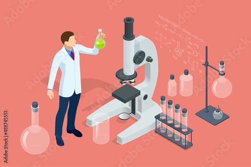 Isometric chemical laboratory concept. Laboratory assistants work in scientific medical chemical or biological lab setting experiments. Laboratory diagnostic