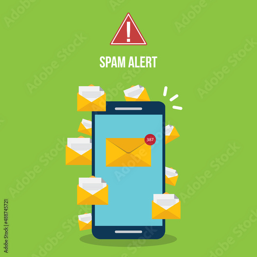 Spamming concept, a lot of emails on the screen of a smart phone. Email box hacking, spam warning. Vector illustration.