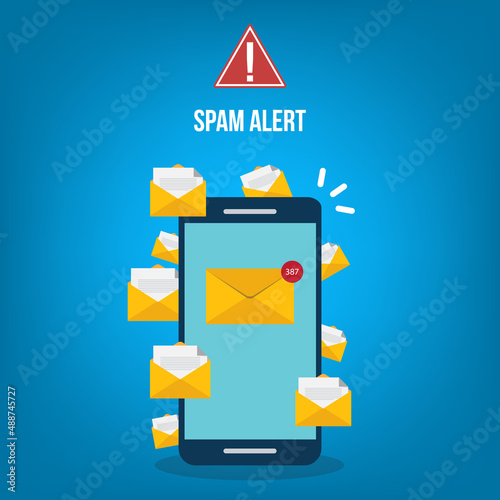 Spamming concept, a lot of emails on the screen of a smart phone. Email box hacking, spam warning. Vector illustration.