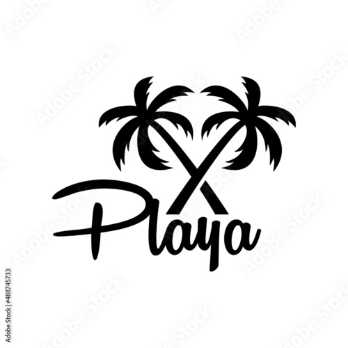 Beach holidays. Destino de vacaciones. Banner con texto Playa en español con silueta de 2 palmeras con forma de aspa en color negro