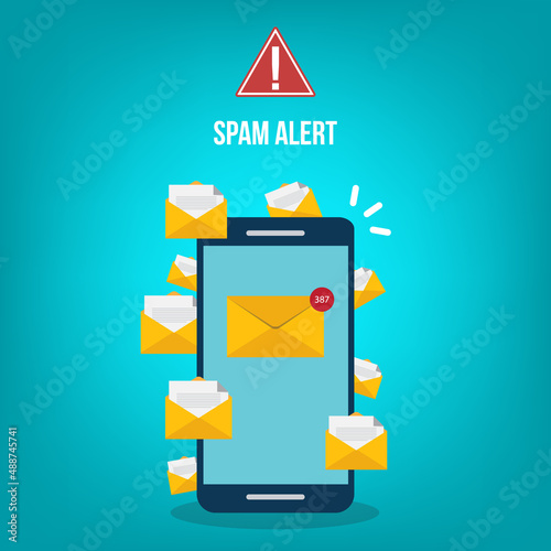 Spamming concept, a lot of emails on the screen of a smart phone. Email box hacking, spam warning. Vector illustration.
