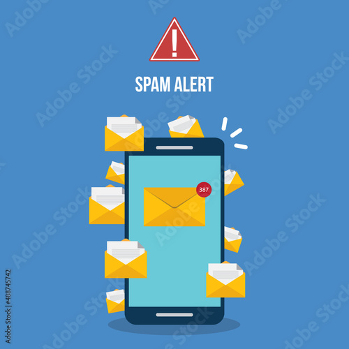 Spamming concept, a lot of emails on the screen of a smart phone. Email box hacking, spam warning. Vector illustration.
