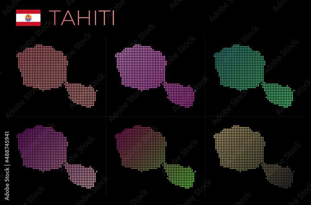 Tahiti dotted map set. Map of Tahiti in dotted style. Borders of the island filled with beautiful smooth gradient circles. Elegant vector illustration.