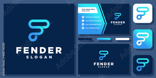 Initial Letter F Abstract Colorful Flow Connection Technology Vector Logo Design with Business Card