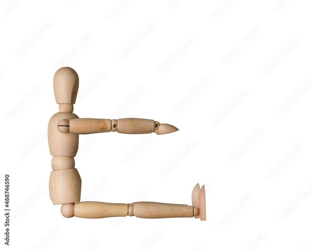 wooden doll sitting with arms outstretched forward, concept morning exercise, isolated on white