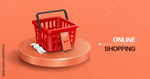 Smartphone leaning against a red shopping basket. and the receipt was placed next to it and all are placed on a round podium,vector 3d isolated on pastel orange background for online shopping concept