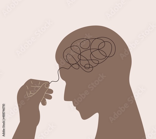 Psychotherapy concept. The man unravels his disturbing tangled thoughts. Metaphor for the help of a psychologist. Illustration of depression, fatigue, chronic headache. Flat vector design.