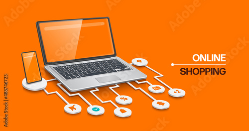 multiple shopping icons Placed on a circuit board that transmits data to computers laptops and smartphones for delivery and online shopping advertising concept,vector 3d isolated on orange background