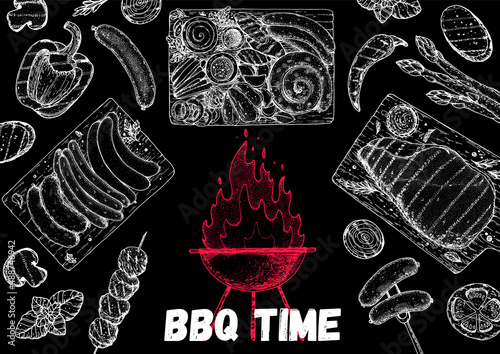 Bbq grill food sketch. Menu design template. Grilled meat and vegetables frame. Vector illustration. Engraved design. Hand drawn illustration.