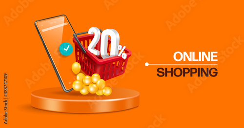 20% off text put in a red shopping cart that floats in front of smartphone and yellow balloons are placed around it. And it's all on a round podium,vector 3d on orange background for online shopping