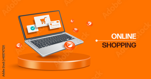 Credit card,shopping cart icon and order confirmation icon on computer laptop screen and all floated on round podium,vector 3d isolated on orange background for online shopping advertising design