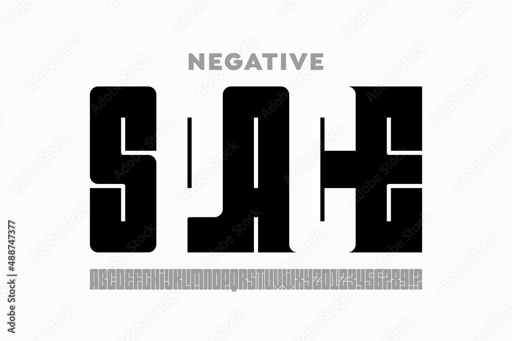 Negative space style font, alphabet letters and numbers vector illustration
