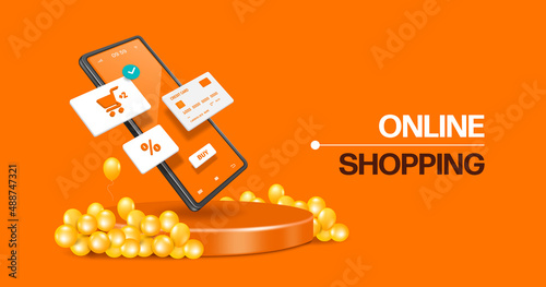 Shopping cart,%, and credit card icons float on smartphone screen and all floated above round podium with yellow balloons surrounding it,vector 3d on orange background for online shopping concept