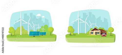 Renewable alternative green energy generated from wind turbine power and electricity source from solar farm panels vector flat concept, eco friendly sustainable technology, ecological ecosystem