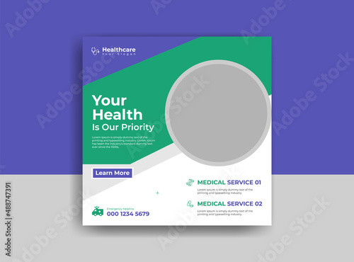 Medical social media post template. Modern banner design with blue color ribbon decoration and place for the photo. Suitable for social media, websites, flyers, and banners.
