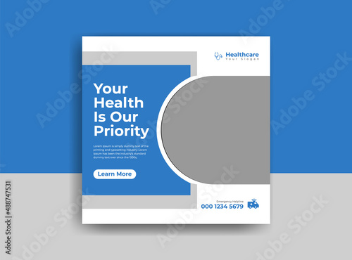 Medical social media post template. Modern banner design with blue color ribbon decoration and place for the photo. Suitable for social media, websites, flyers, and banners.