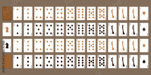 Playing cards with chess pieces.  Brown background. A set for playing poker. Playing cards of a new design. Full Deck