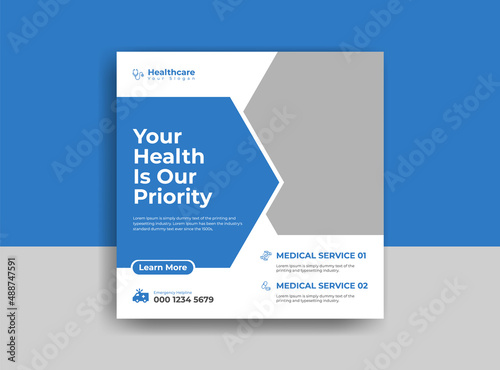 Medical social media post template. Modern banner design with blue color ribbon decoration and place for the photo. Suitable for social media, websites, flyers, and banners.