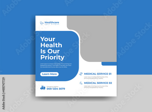 Medical social media post template. Modern banner design with blue color ribbon decoration and place for the photo. Suitable for social media, websites, flyers, and banners.