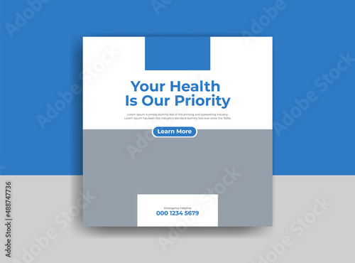 Medical social media post template. Modern banner design with blue color ribbon decoration and place for the photo. Suitable for social media, websites, flyers, and banners.