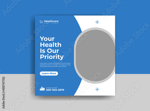 Medical social media post template. Modern banner design with blue color ribbon decoration and place for the photo. Suitable for social media, websites, flyers, and banners.