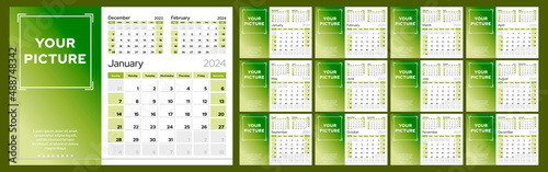 Set of 12 horizontal calendar pages for 2024 in green shades with place for photo. Vector design template. Week starts on Sunday.