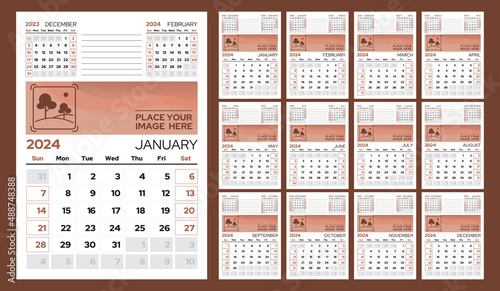 Set of 12 vertical calendar pages for 2024 with place for photo. Vector design template. Week starts on Sunday.