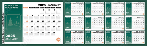Set of 12 horizontal calendar pages for 2025 with place for photo. Vector design template. Week starts on Sunday.