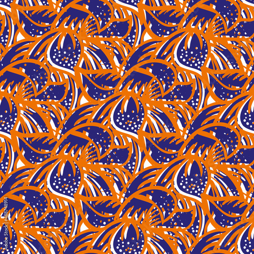 Mint leaves textural vector seamless pattern background. backdrop with lino or mono block print style tropical neon orange indigo peppermint herb foliage. Abstract botanical drawn texture repeat