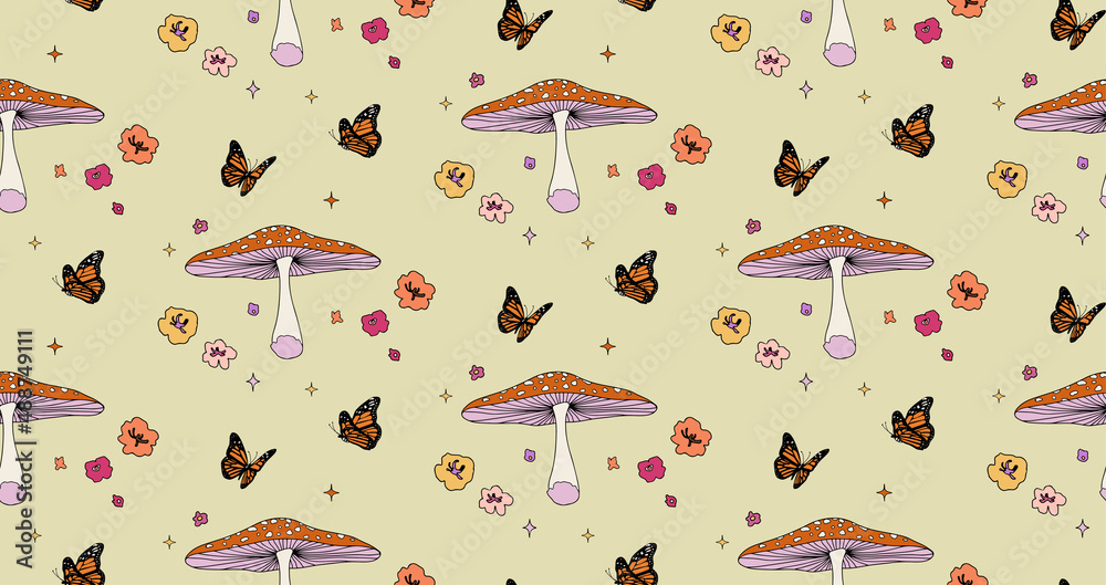 Naklejka premium Mushrooms and flowers, butterfly. Seamless hippie pattern