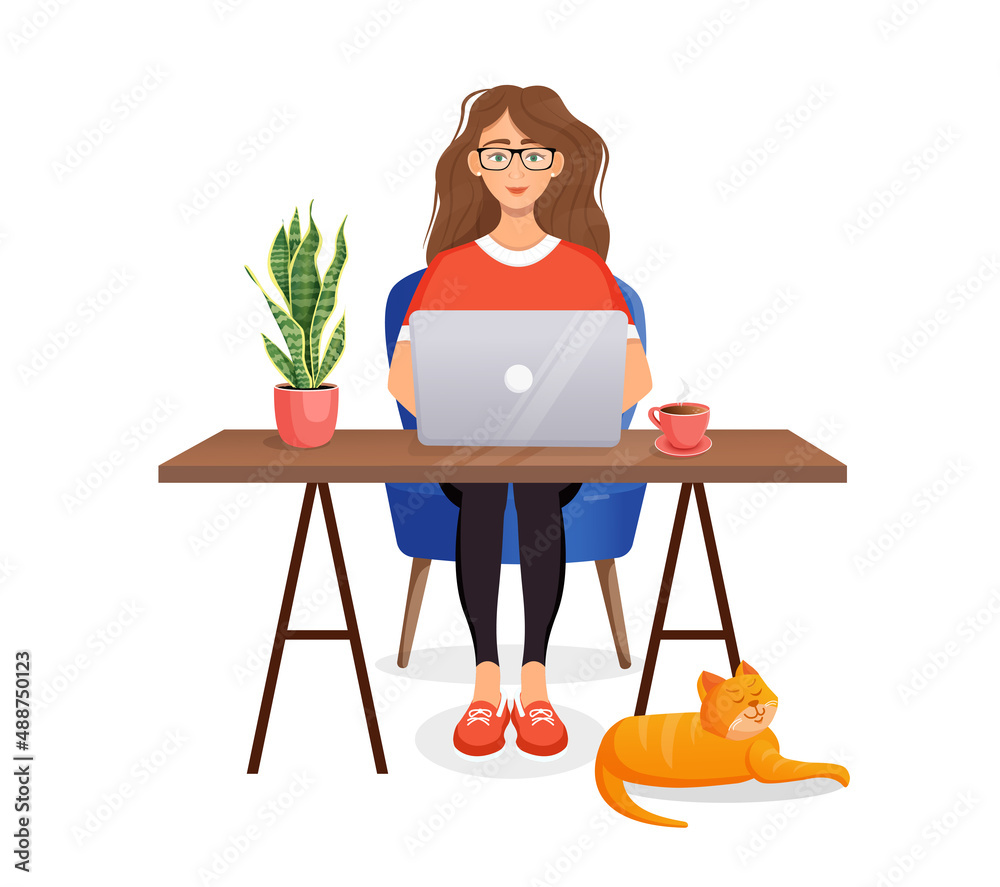 Woman sits at a table, works at home at a computer. Remote work, freelance, home office, programming, training. Cozy working interior with a cat. Vector illustration