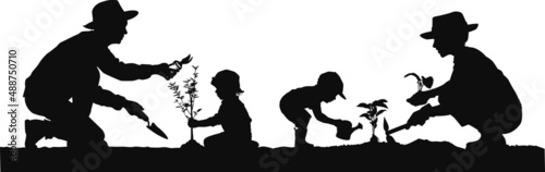 Family arbor day parents and children plant trees vector silhouette 