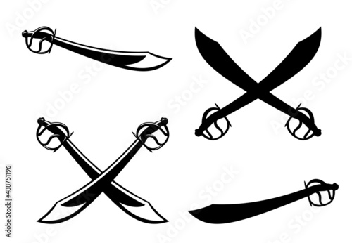 antique pirate sabre sword vector design - crossed backsword blades black and white outline and silhouette set