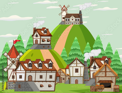 Medieval village scene with windmill and houses