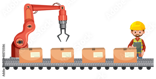 Engineer controlling robot packing in factory