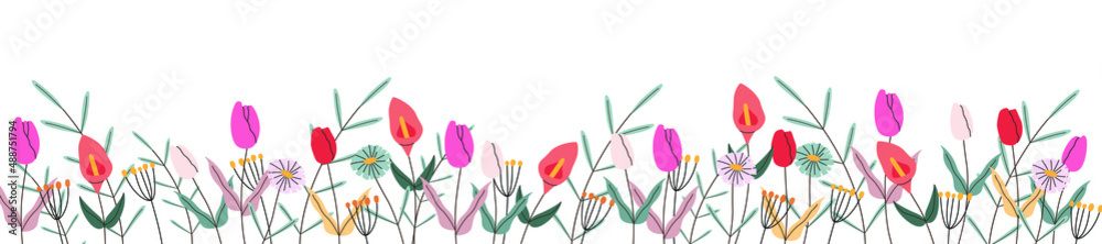 Flat vector cartoon banner with various flowers. Botanical horizontal illustration on a white background.