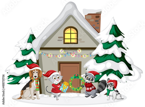 Christmas house with cute animals on white background