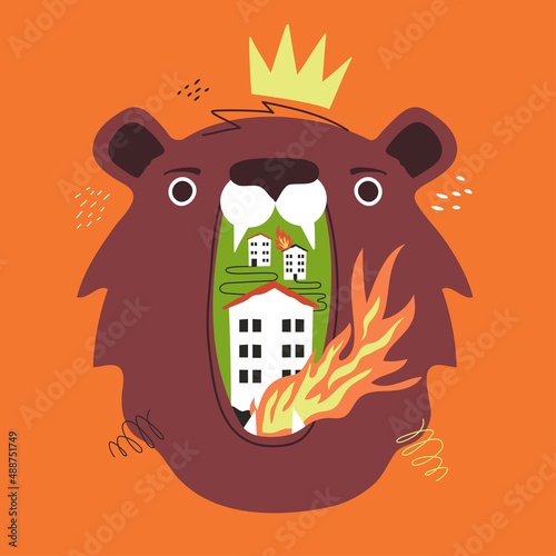 Vector illustration with aggressive brown head of bear, in the mouth of which houses and city are burning in fire. Illustration of war, aggression, destruction. Threat to nature, sticker print design
