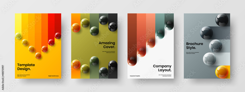 Abstract placard vector design template set. Fresh realistic balls booklet concept composition.