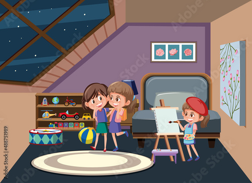Attic room scene with happy children