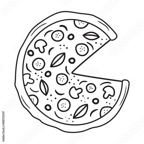 Black outline pizza icon. Doodle silhouette of italian meal. Hand drawn fast food drawing. Vector illustration