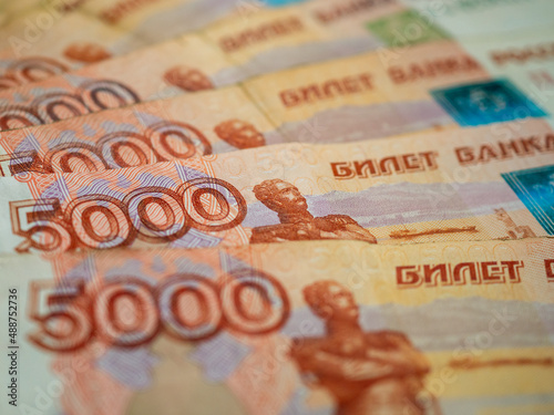 Russian money background. Russian roubles, russian rubles cash closeup. Rubles in cash. Finance and business background. 5000 rubles. Money macro. 