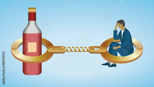 Man trapped with handcuffs to alcohol, wine bottle. Vector illustration.