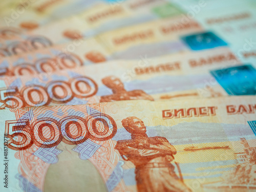 Russian money background. Russian roubles, russian rubles cash closeup. Rubles in cash. Finance and business background. 5000 rubles. Money macro. 