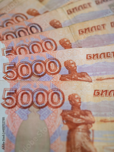 Russian money background. Russian roubles, russian rubles cash closeup. Rubles in cash. Finance and business background. 5000 rubles. Money macro. 
