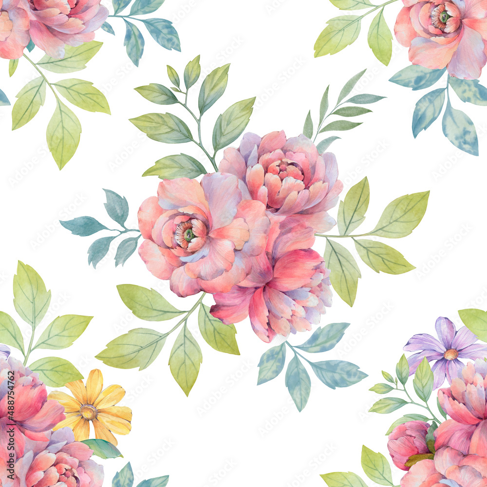Wallpaper for design, printing, packaging. Abstract bouquet of flowers. Seamless botanical pattern of peony flowers with leaves on a bright background.