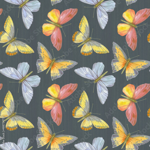 Bright watercolor butterflies collected in a seamless pattern. Botanical ornament on a colored background for design  print  wallpaper  fabric.