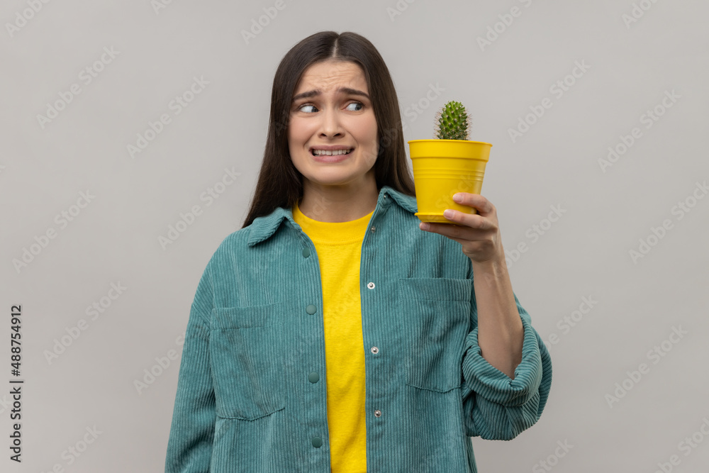 Portrait of scared woman holding prickly cactus, looking at plant with frowning face from ignorance, wearing casual style jacket. Indoor studio shot isolated on gray background. Portrait of scared woman holding prickly cactus, looking at plant with frowning face from ignorance, wearing casual style jacket. Indoor studio shot isolated on gray background.